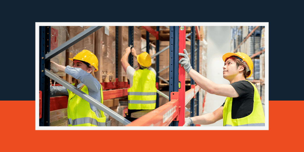 3 warehouse employees working on warehouse racking